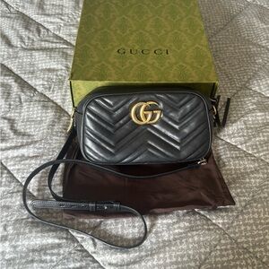 Gucci GG Marmont Black Leather Crossbody Bag with Duffel bag and Box